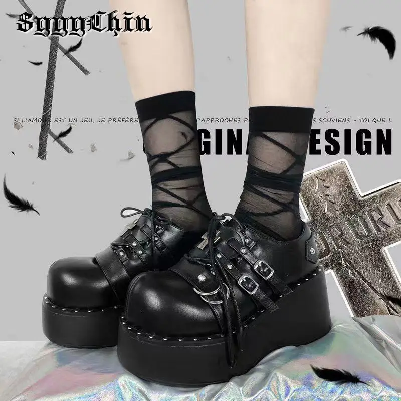 Women Pumps Mary Jane Derby Metal Decoration Platform Flat Heel Female Shoes Ladies Wedge Lolita Gothic Harajuku Punk Footwear