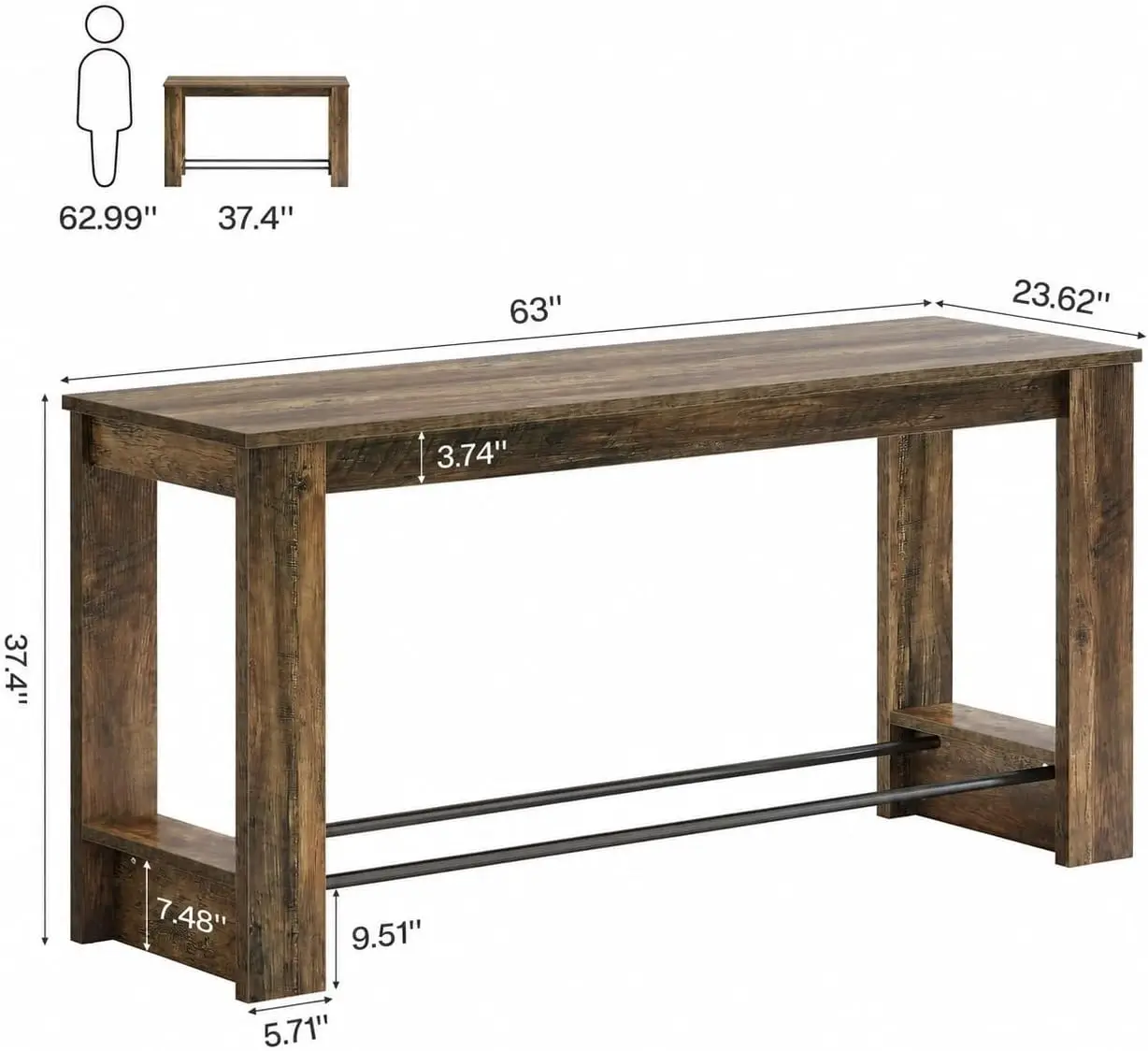 63'' High Top Long Bar Table, 37.4'' Counter Height Pub Table with Metal Footrests, Long Home Bar Brown | 37.4'' High Top Kitchen Breakfast Bar Table, Wooden Rectangle Pub Table for Dining Room, Bistro, Restaurant, Rustic Brown