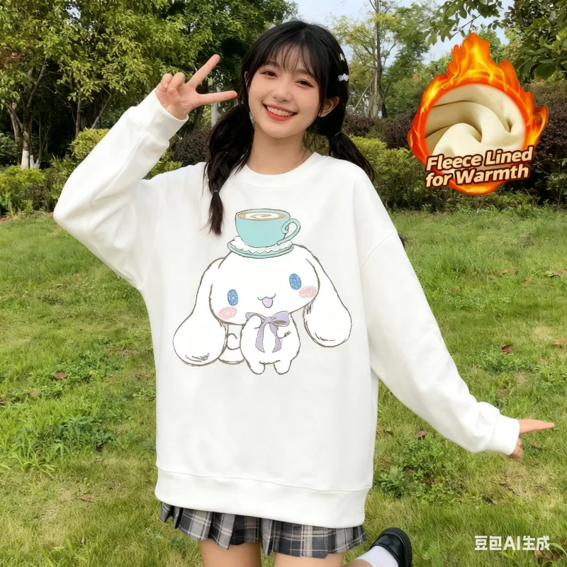 

2025 Sanrio Series Printed Crew Neck Long-Sleeve Top, Cute and Warm Fleece-Lined Crew Neck Long-Sleeve T-Shirt, 100% Cotton