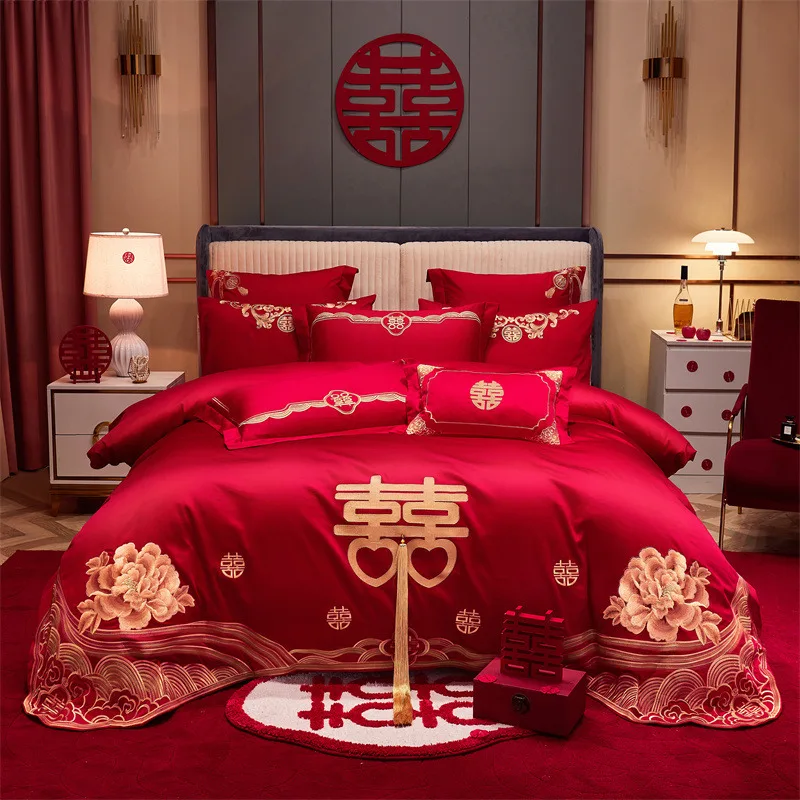 Golden Tassels Flowers Embroidery Bedding Sets Luxury Chinese Wedding Red Egyptian Cotton Duvet Cover Bed Sheet Pillowcases
