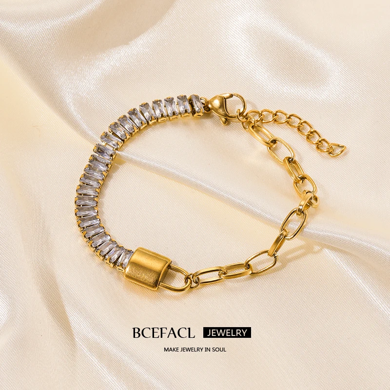 BCEFACL 316L Stainless Steel Gold Color Lock Bracelet For Women Girl Fashion Zircon Bangle Waterproof Wrist Chain Jewelry Gift