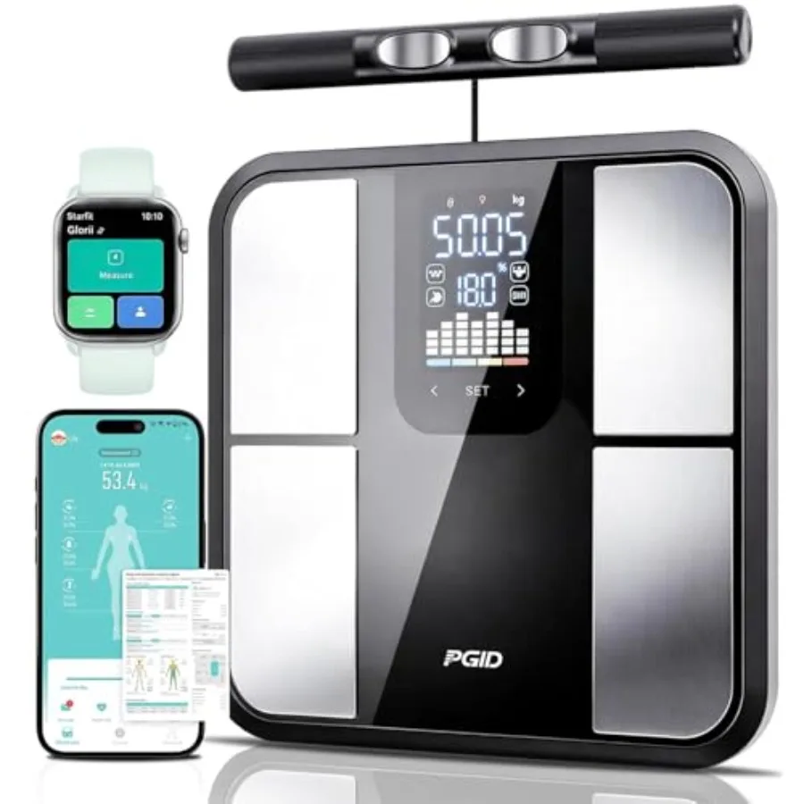 Smart bathroom scale for body weight and composition analysis, tempered glass surface, black finish, 58 metrics including BMI,