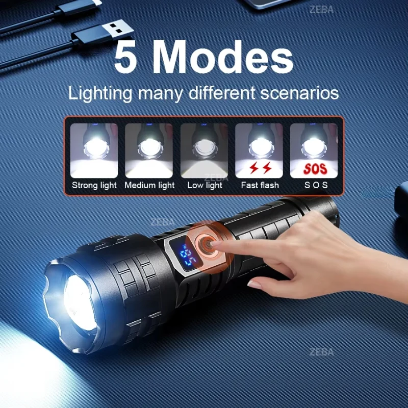 2026 New Powerful LED Flashlight Long Shot 6000M Zoomable Light USB Rechargeable Torch For Outdoor Camping Hiking Emergency