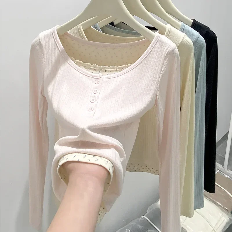 

New Women's Long Sleeve T-shirt U Collar Spring and Autumn Slim Top French Style Women's Wear with Fake Two Lace Edge Y2k Top