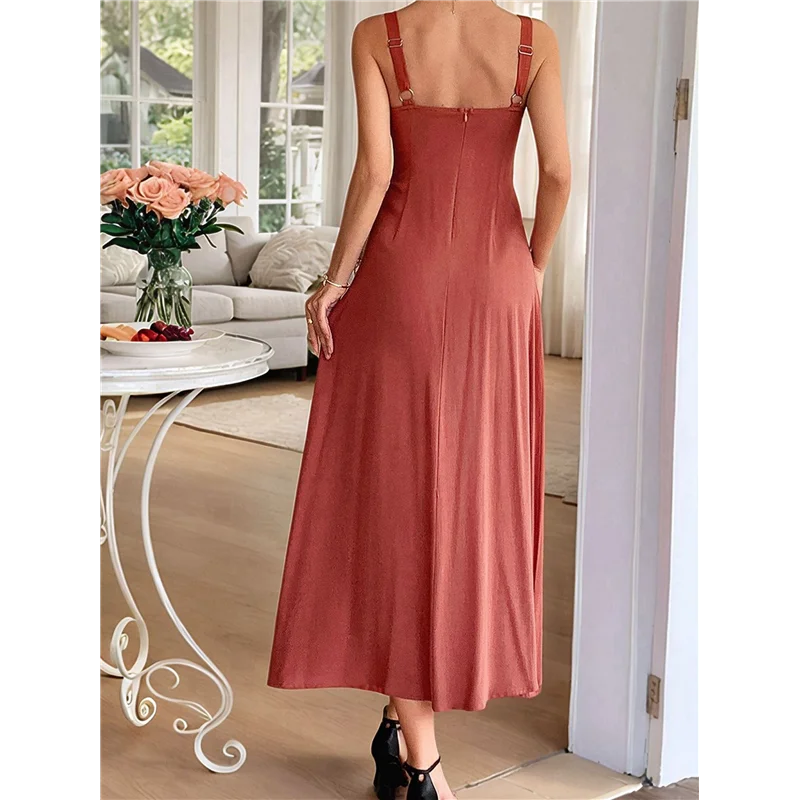 ABRT-Vestido maxi listrado feminino com alça espaguete e corte longo e fluido