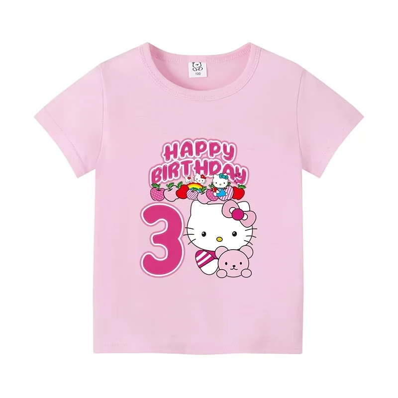 เสื้อยืดสวัสดีคิตตี้สำหรับเด็ก/ผู้ใหญ่ซานริโอวันเกิดหมายเลขเสื้อยืดสีชมพูน่ารักการ์ตูนแขนสั้นสาวลำลองเสื้อผ้าหลวม
