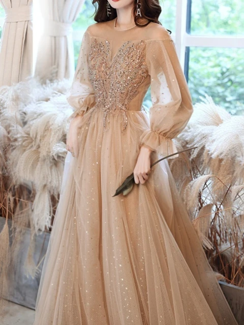 Customized Mesh Long Sleeve O neck Appliques Evening Dresses Slim Waist Tiered Simple Prom Vestidos 2024 New Bling Wedding Party AliExpress