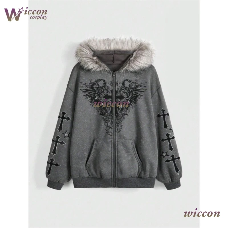 

Модная толстовка WuHu Autumn в американском стиле с принтом Dark Cross Wing, винтажная, в стиле High Street, с меховым воротником