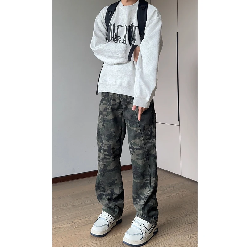 

Vintage Camouflage Work Pants Men's Autumn Sli Straight Leg American Retro Denim Jeans Youth Trendy Long Trousers