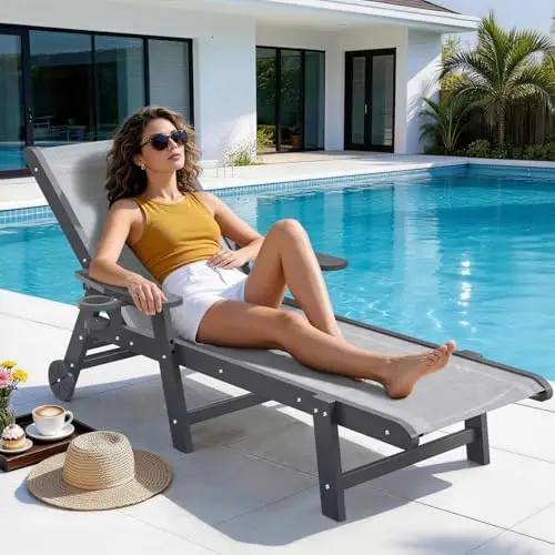 Outdoor Chaise Lounge Chair with Textilene Surface, 5-Position Adjustable Pool Lounge Chair with Wheels & Cup Holder