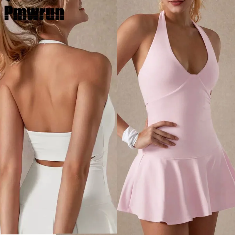 

PMWRUN Комплект теннисной юбки для йоги с лямкой на шее, легкая, быстросохнущая, приятная для кожи, контроль живота, идеально подходит для тренировок по йоге и теннису