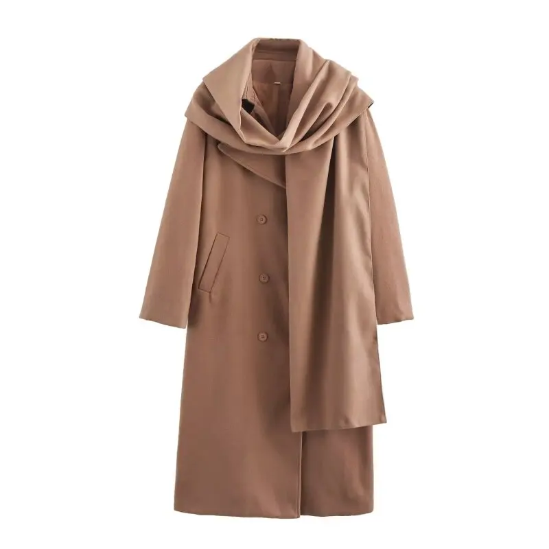 

Women’s Double Breasted Scarf Collar Long Coat Winter Warm Fashion Outerwear Overcoat