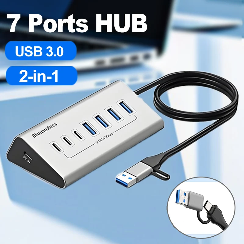 

7-в-2 USB-концентратор 5 Гбит/с 3,0, док-станция для передачи данных, USB-док-станция из алюминиевого сплава, USB-разветвитель для ПК, ноутбука Macbook