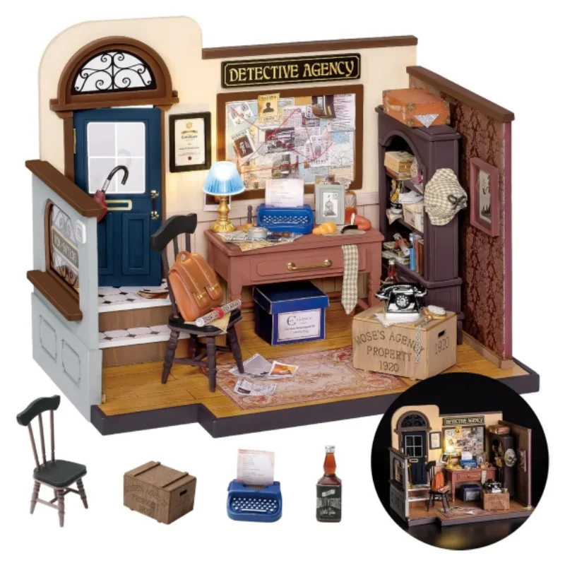 Robotime Rolife DIY 3D Dollhouse Mose's Detective Agency Miniature House Kit Wooden Toys For Kids with Christmas Gifts