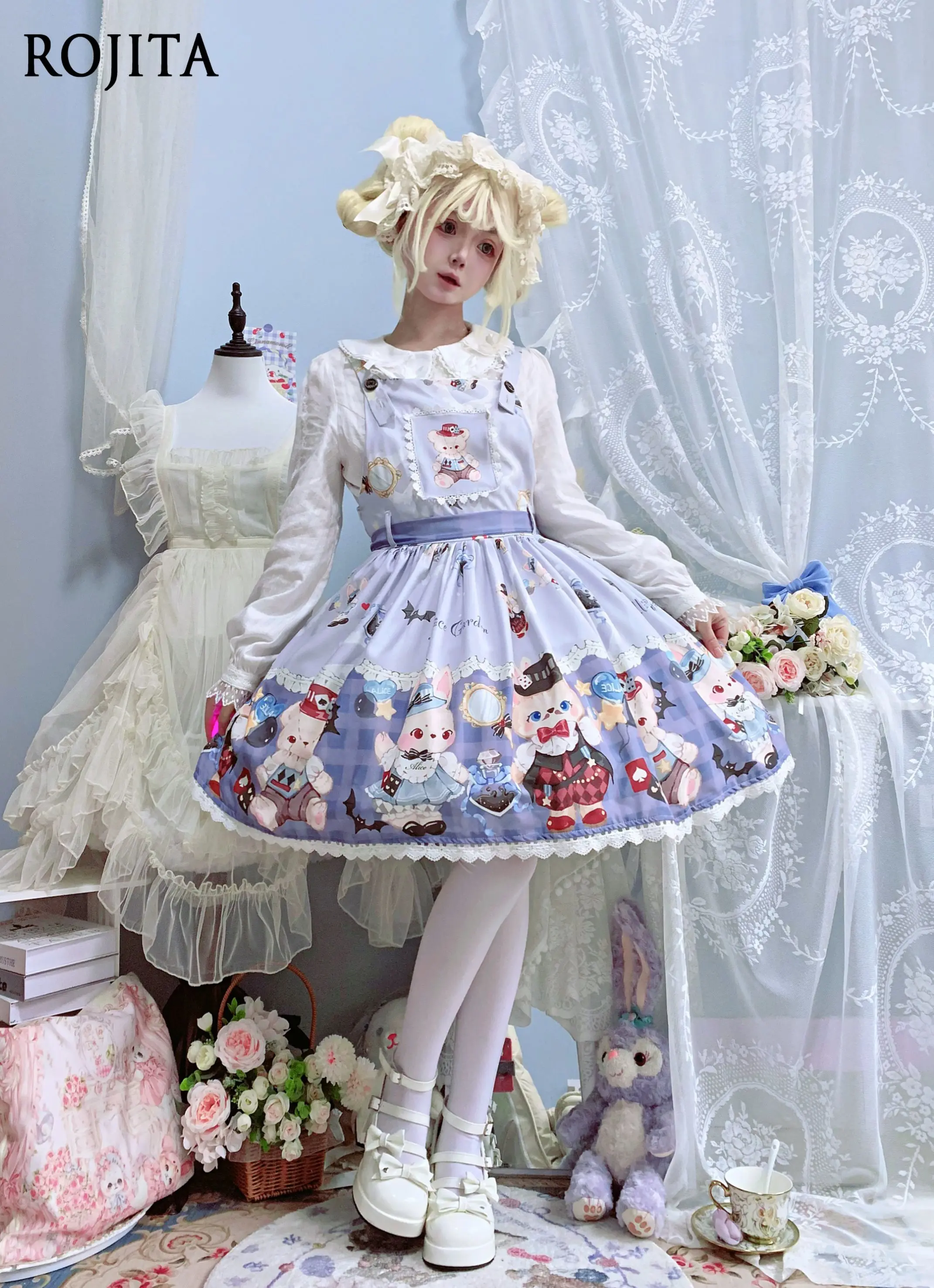 

Original Design Cartoon Bear Print Lolita Strap Daily Spring Summer JSK High Waist A-line Sleeveless Versatile Dress Women