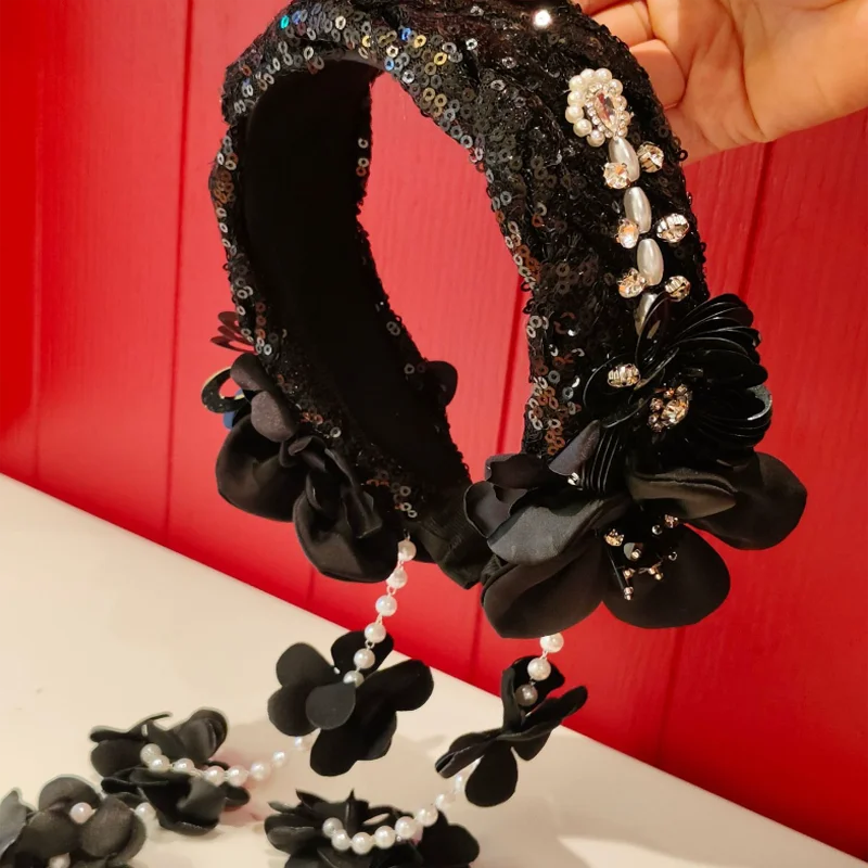 

New Chinese Style Pearl Tassel Headband Black Flower Sequins Wide Hair Hoop Women Personality Hair Accessories and Headwear