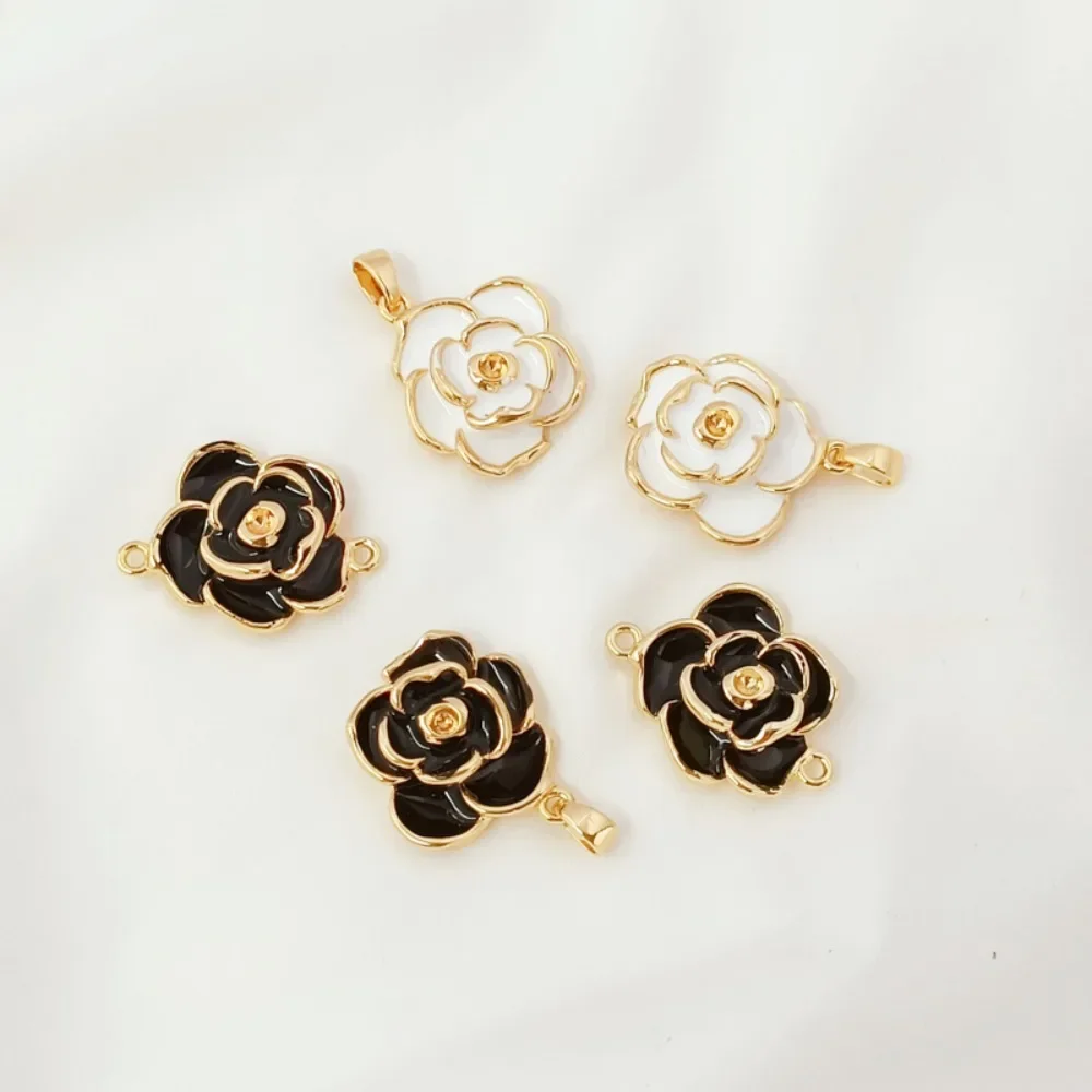 

14K Gold-plated Oil-drip Camellia Pendant Handmade DIY Bracelet Necklace Connection Double Hanging Piece Accessory