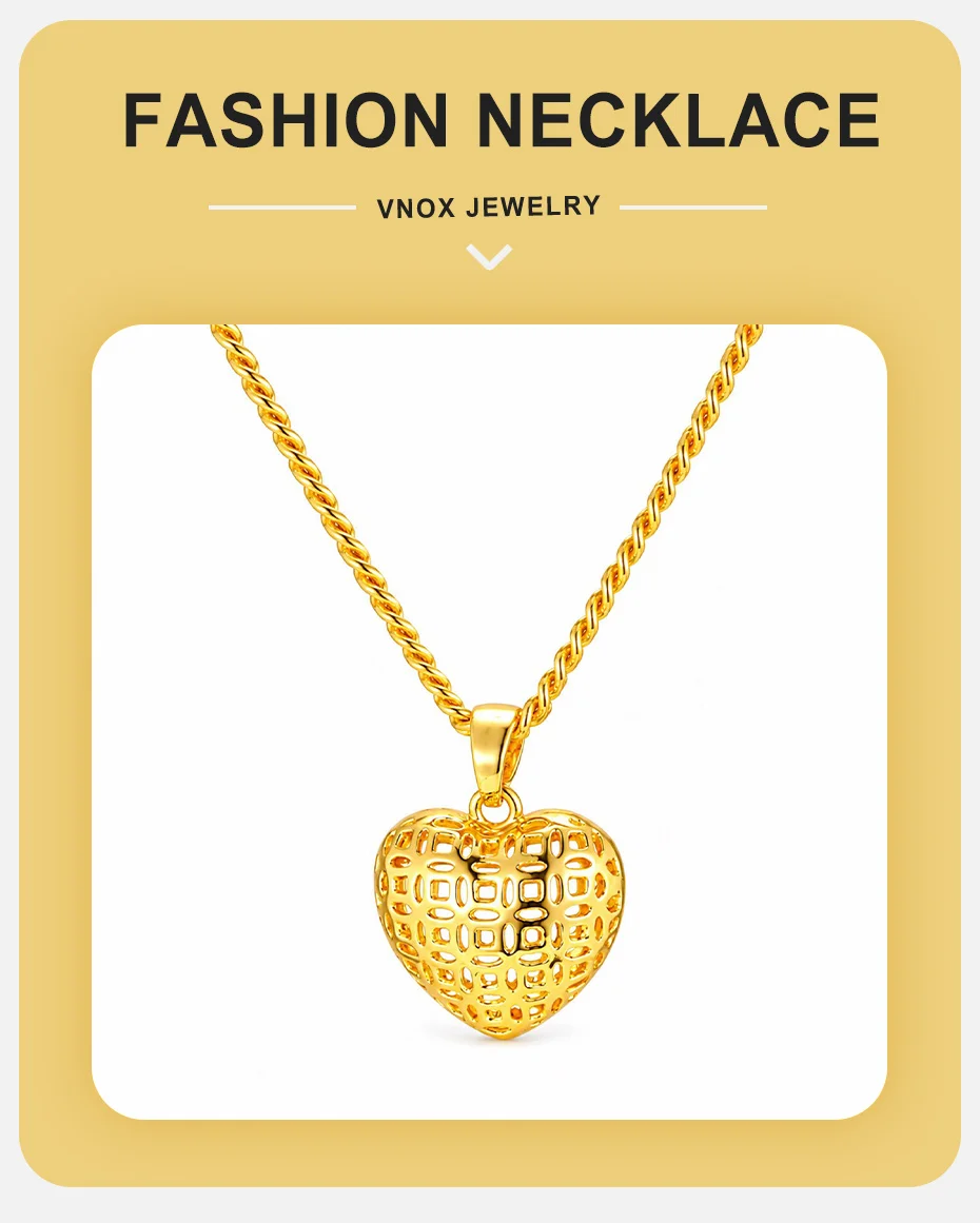 Vnox Minimalistischer Ausgehöhlter Herz-Creolen-Anhänger Halskette Klassischer Vergoldeter Brautschmuck für Hochzeiten – Detail 7
