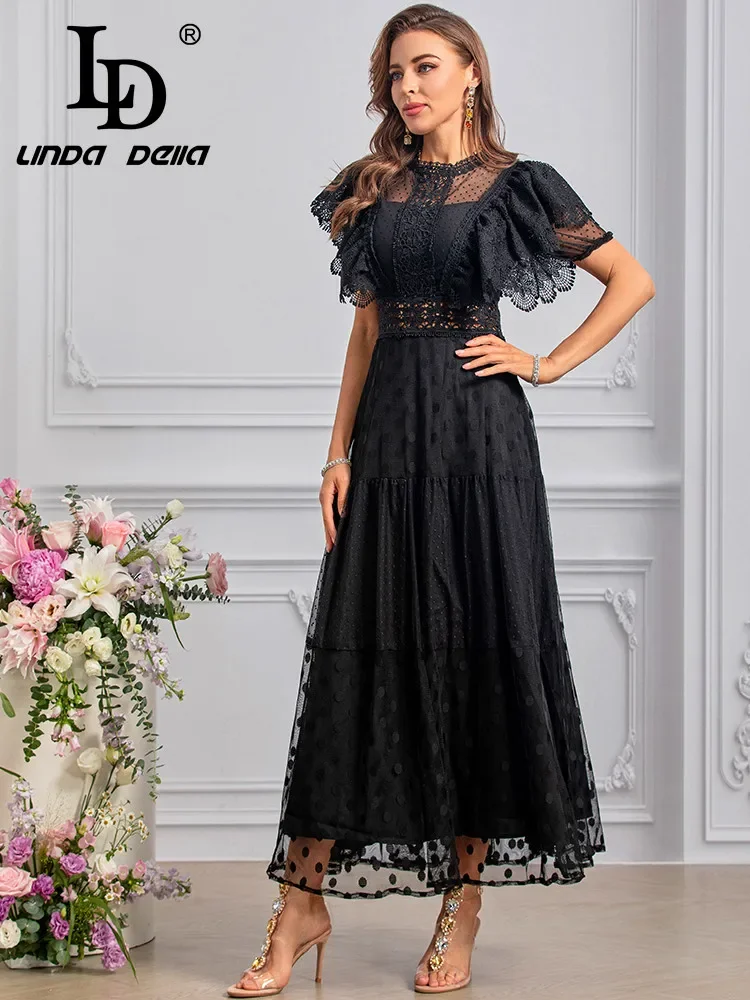 LD LINDA DELLA Fashion Designer Summer Dresses Women\'s Vintage Polka Dot Print Embroidery Lace Hollow Out Net Yarn Dresses