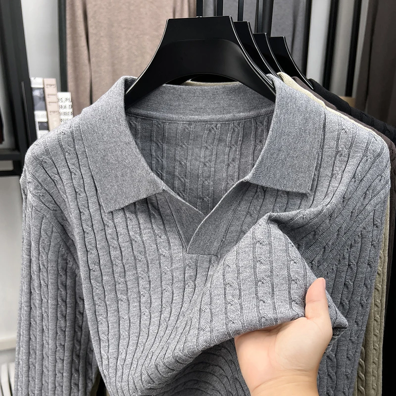 Light luxury new jacquard knitted sweater men's fashion skin friendly comfort solid color casual autumn winter lapel pullover