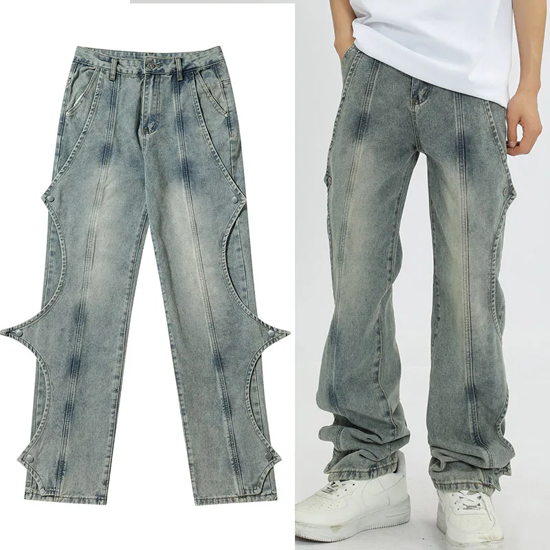 Harajuku Vintage Tooling Functional Blue Loose Jeans Men's Y2K Streetwear Gothic Punk Rock Oversized Casual Pants Women Grunge