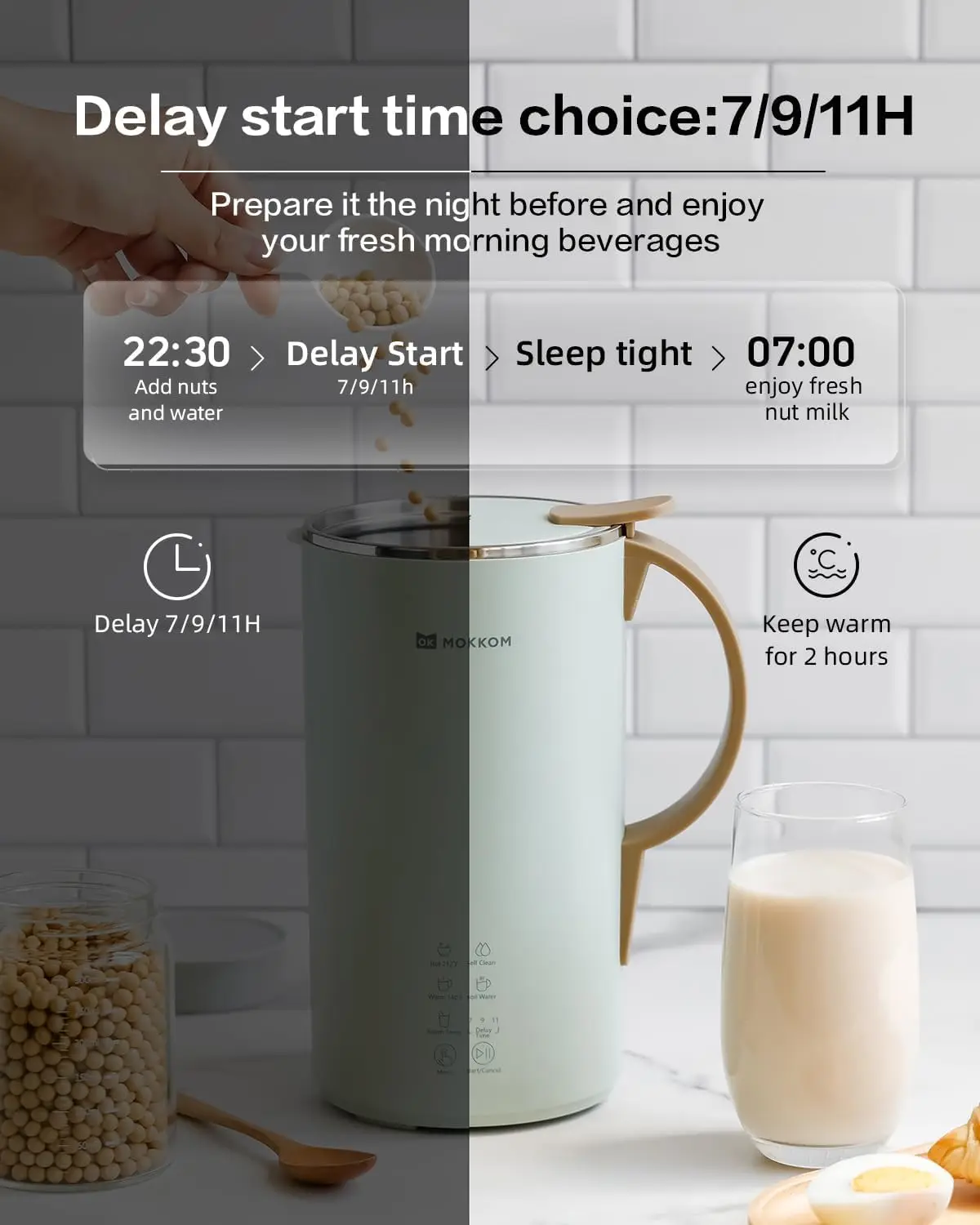 เครื่องทํานมถั่วอัตโนมัติ, เครื่องทํานมถั่วเหลือง 20 ออนซ์, อัลมอนด์โฮมเมด, ข้าวโอ๊ต, มะพร้าว, ถั่วเหลือง, นมจากพืชและเครื่องดื่มปราศจากนม, A