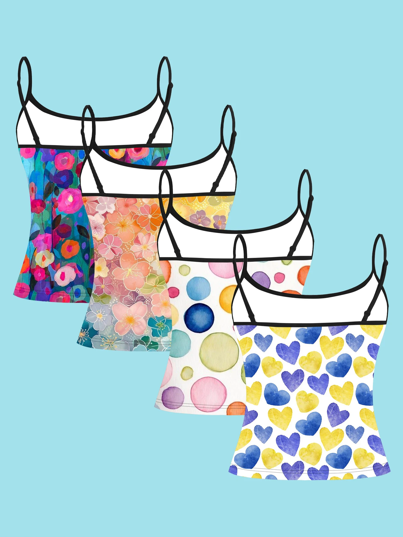 4-Piece Set of Watercolor Floral Polka Dot Heart Print Camisole for Women, Fresh and Sweet Hand-Painted Girl-Style Thin Strap Waist-Cinching Slim-Fit Base Top, Casual Daily Wear, Cross-Border Casual Daily Outerwear Camisole