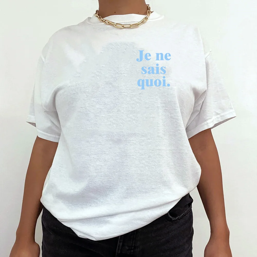 Je Ne Sais Quoi Pocket Letters Printing Graphic Tees French New Wave Chic T Shirts Women Summer White Short Sleeve Cotton Tops