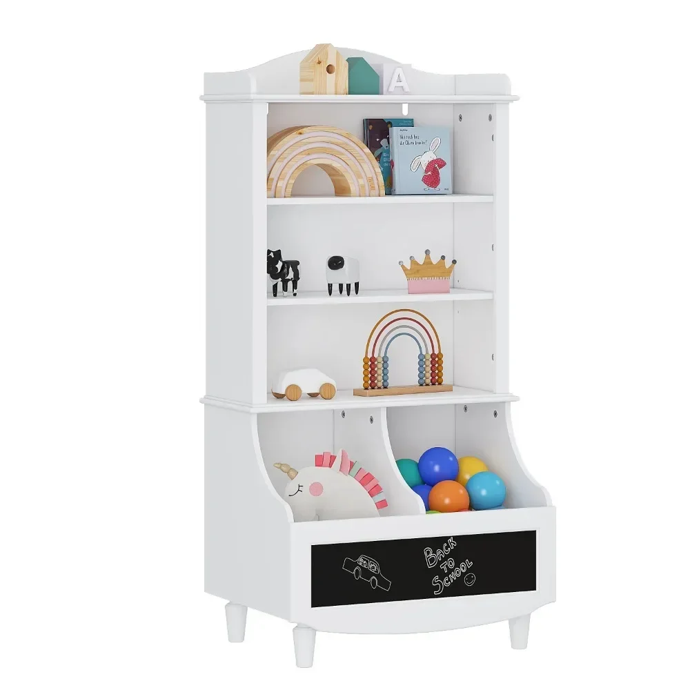

Open Kid Bookshelf and Toy Organizer Cabinet, Kids Bookshelf and Toy Storage, Kids Wood Bookcase with Blackboard and Cubbies