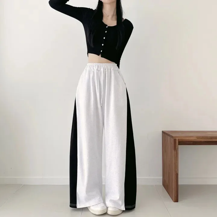 Autumn High Waist Cotton New Gray Wide Leg Trousers Women's Plus Size Casual Sports Straight Leg Pants Loose Trendy Long Pants