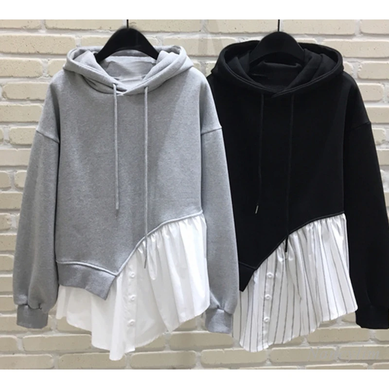 Irregular Ruffles Hem Hoodies Women Loose Hoody Hooded Hoodie Sweatshirt Women's Bf Pullovers Grey Black Coat Students Causal