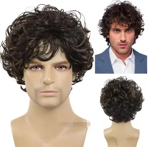 Synthetic Afro Wig Male Fluffy Curly Wig with Bangs Heat Resistant Short Wigs for Men Natural Black Cosplay Halloween