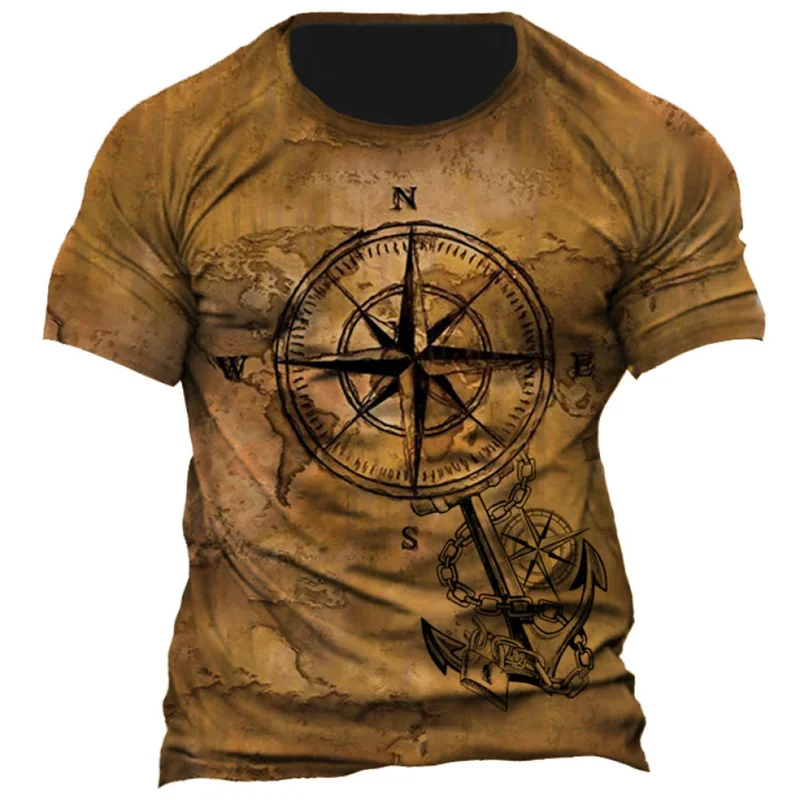 Summer Men's T-shirt 3d Compass Retro HD Printed Short Sleeve Personality Trend Top Street Oversized O-neck Comfortable Clothing