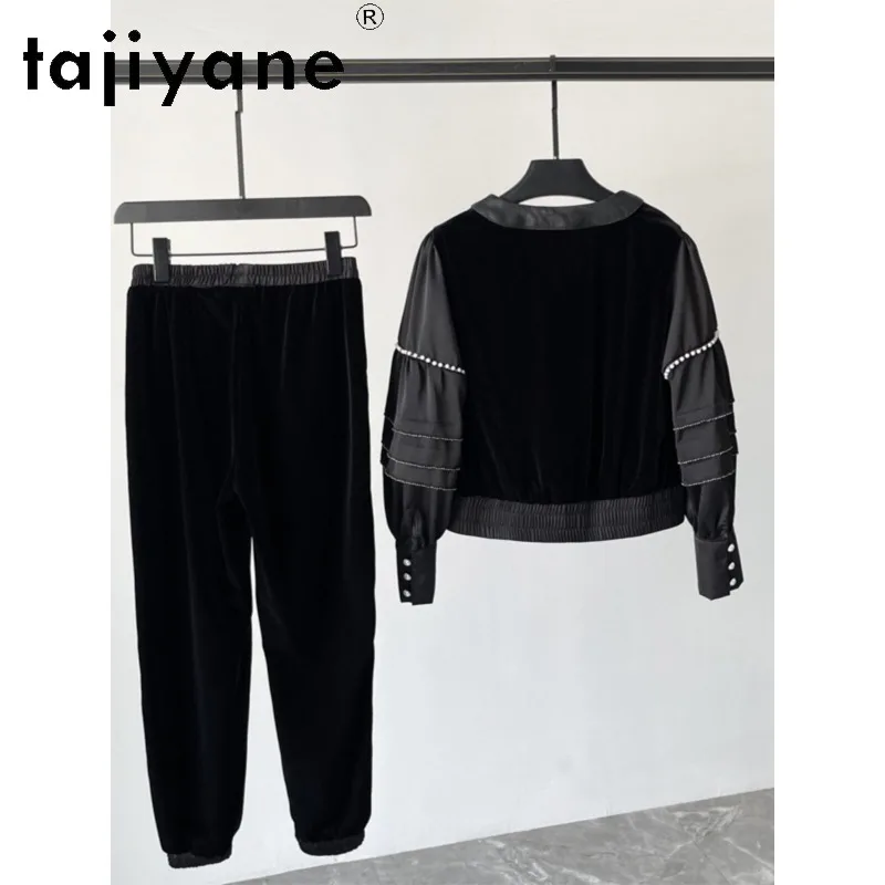 TAJIYANE Genuine Leather Jacket Women Sets Sheepskin Velvet Short Coats Lantern Sleeve Outerwear V-Neck Jackets 2 Piece Sets