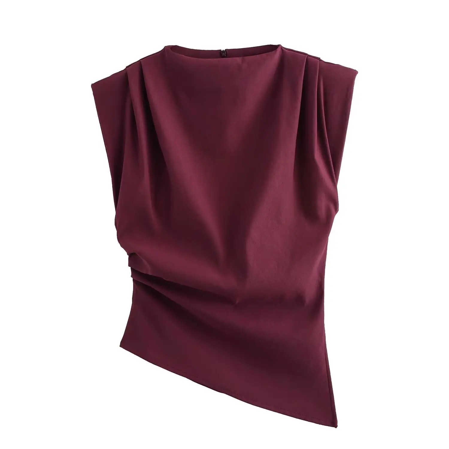 UNIZERA women's classic pleated decoration shoulder pad round neck sleeveless autumn new top