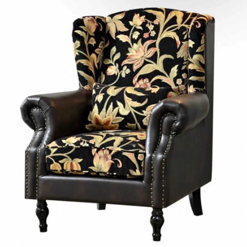 

French retro-style fabric leather splicing single chair, American living room high-back casual single sofa