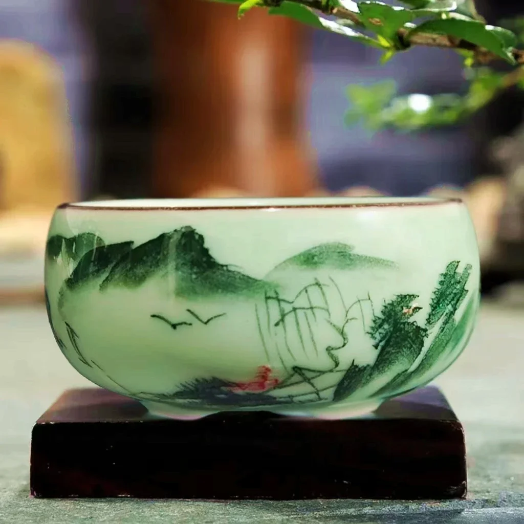 Celadon Tea Cup Set Ceramic Hand-painted Landscape Lotus Carp Bowl Traditional Set Double Fish Chinese Tea Art Utensils