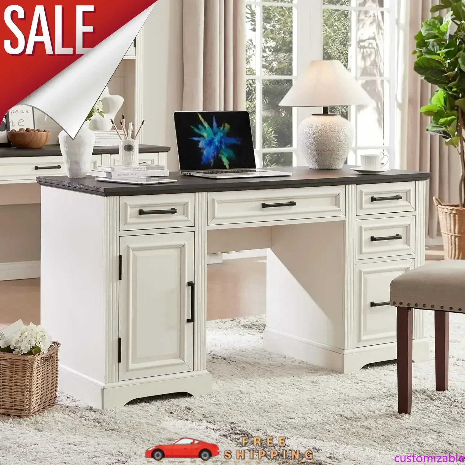 مكتب تنفيذي 58 بوصة قابل للتخصيص، مكتب كمبيوتر المزرعة مع أدراج وخزانة، مكتب مكتب منزلي منقوش، أبيض فاتح