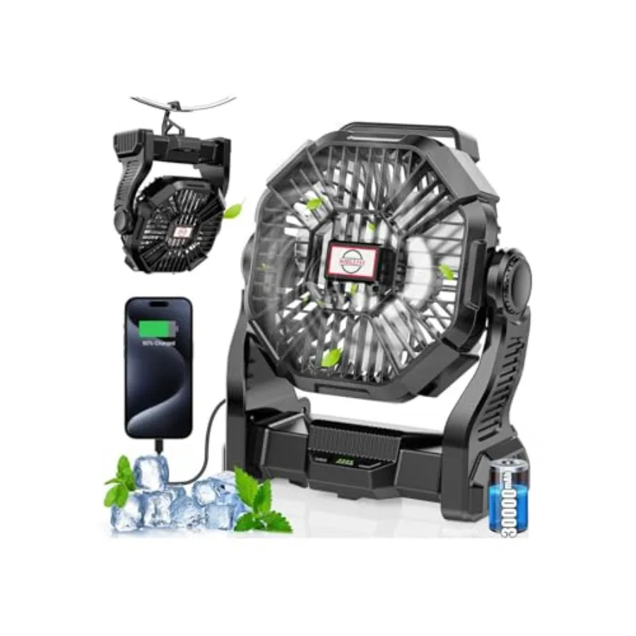 

30000mAh Rechargeable Camping Fan with LED LanternPortable Battery Powered Outdoor Fan for Bedroom Camping Travel Hiking Beach