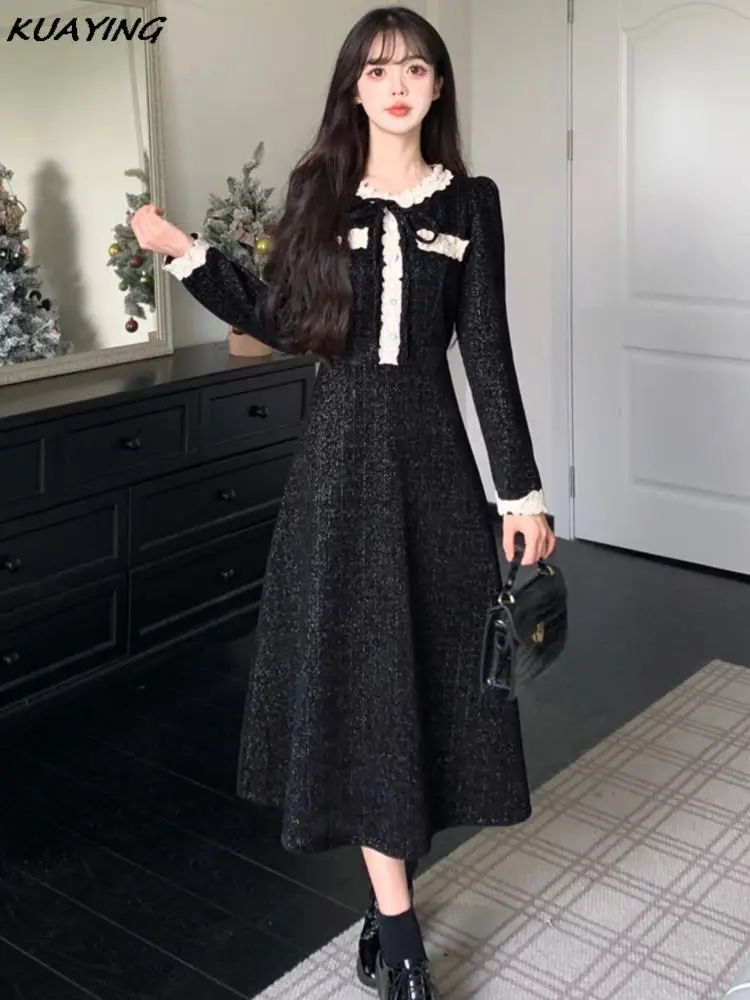 Autumn Elegant Party Dresses Woman Small Fragrant Sweet Bow Lace-up Wedding Evening Midi Dress Winter Christmas A-Line Vestidos