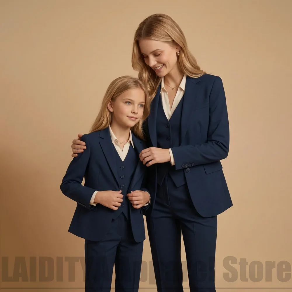 Girls Navy Blue 3 Piece Suit Set Jacket Vest Pants Kids Formal Outfit For Wedding Birthday Party Photoshoot Graduation Tuxedo