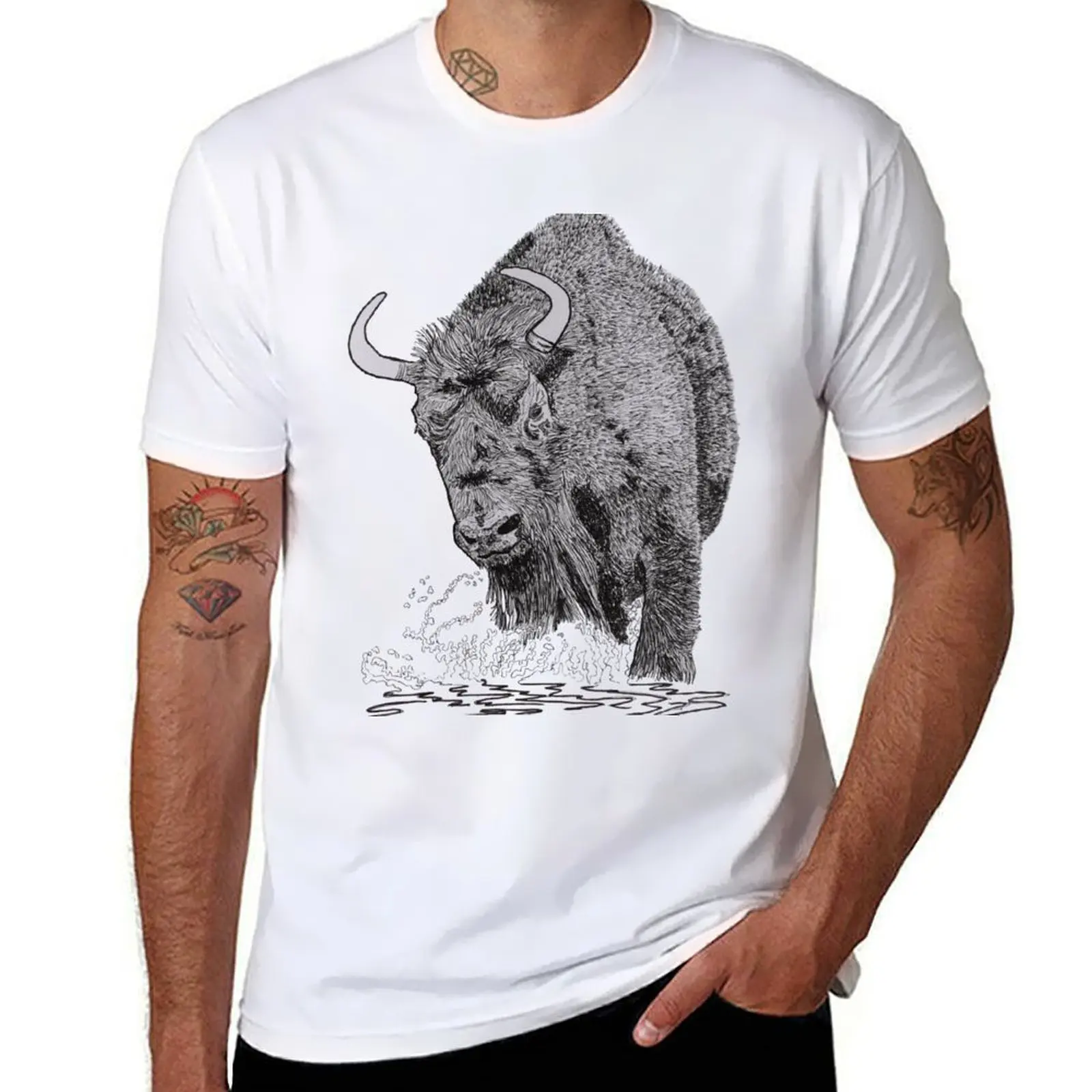 

powerful bison coming in, drawing of bison, physie culture T-Shirt graphic t shirts for man men t shirt cotton 100% T-shirt