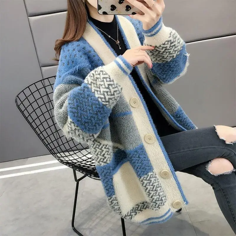 

Streetwear Plaid Cardigans for Women Korean Loose Checkered Button Sweaters Woman Autumn Winter Thick Warm Sweater XK28