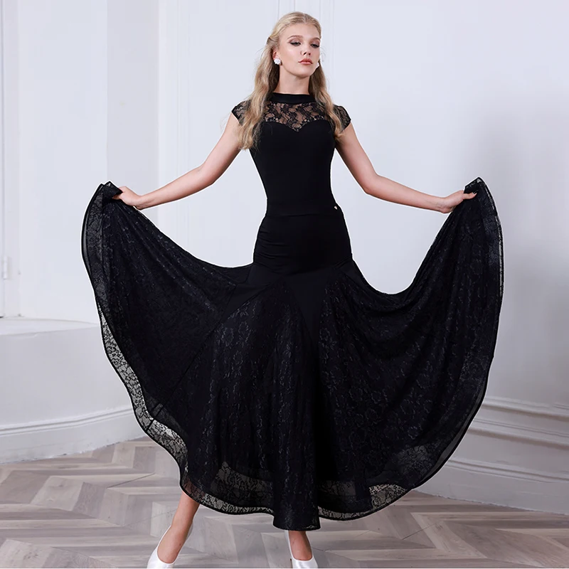 

Стандартное платье для бальных танцев 2025 года, черная одежда для вальса, женское боди с кружевными рукавами, юбка для бальных танцев 2631