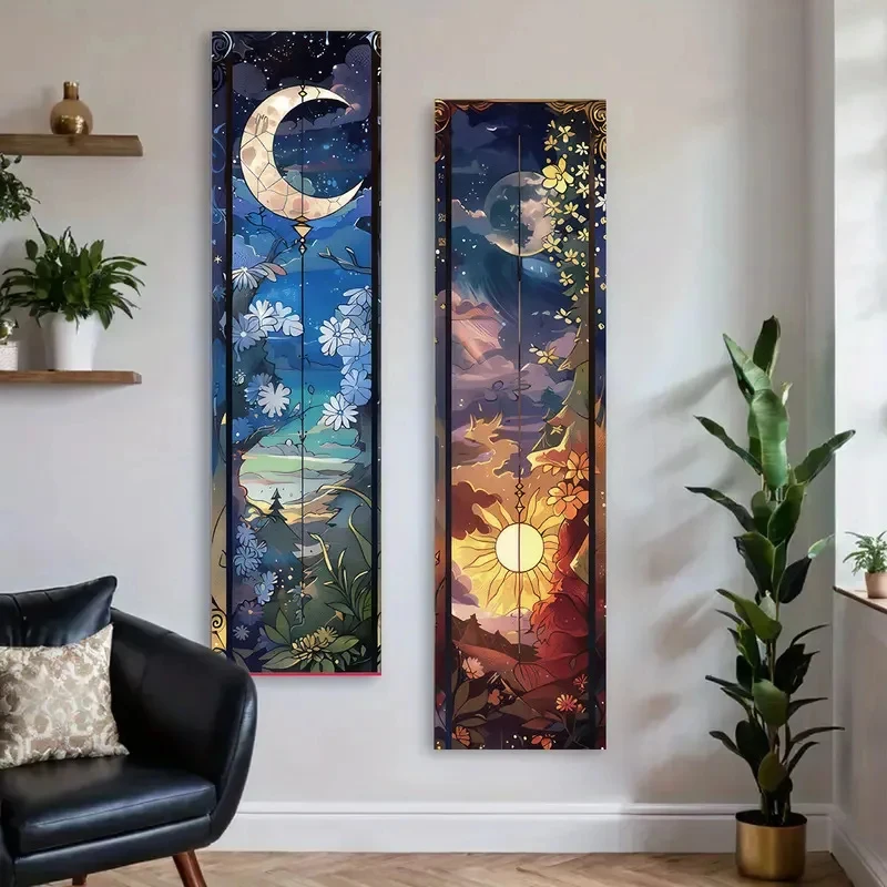 VIKAMA Sun Moon Tree Vertical Tapestry Day Night Floral Wall Hanging Long Strip Bedroom Wall Art Decor Cloth