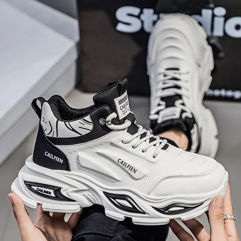 

High-top Versatile Mens Sneakers Thick Sole Breathable Chunky Sneakers Platform White Running Shoes Casual Sports Walking Shoes