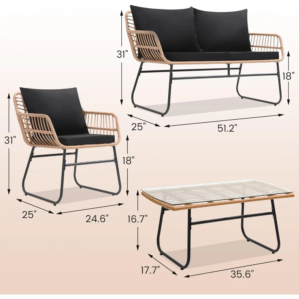 4-teiliges Terrassen-Bistro-Gartenmöbel-Set, Korbssofa, 2 Rattanstühle und Tisch-Gesprächsset für den Hinterhof