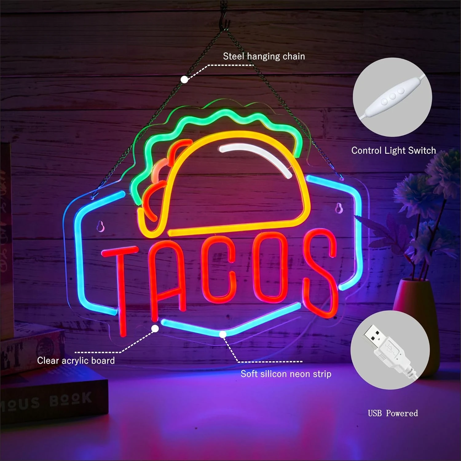 Tacos Neon Sign Wall Decor Taco Open LED Light Mexican Restaurant Pizzeria Kitchen Restaurant Party Pub Shop Gift Pizza Mexico