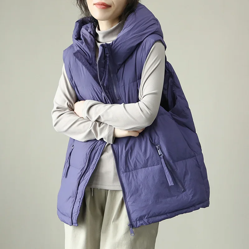 

Winter New Women's White Duck Down Vest Loose Casual Hooded Sleeveless Coat Oversized Sweater Vest Thickened Warmth Jacket