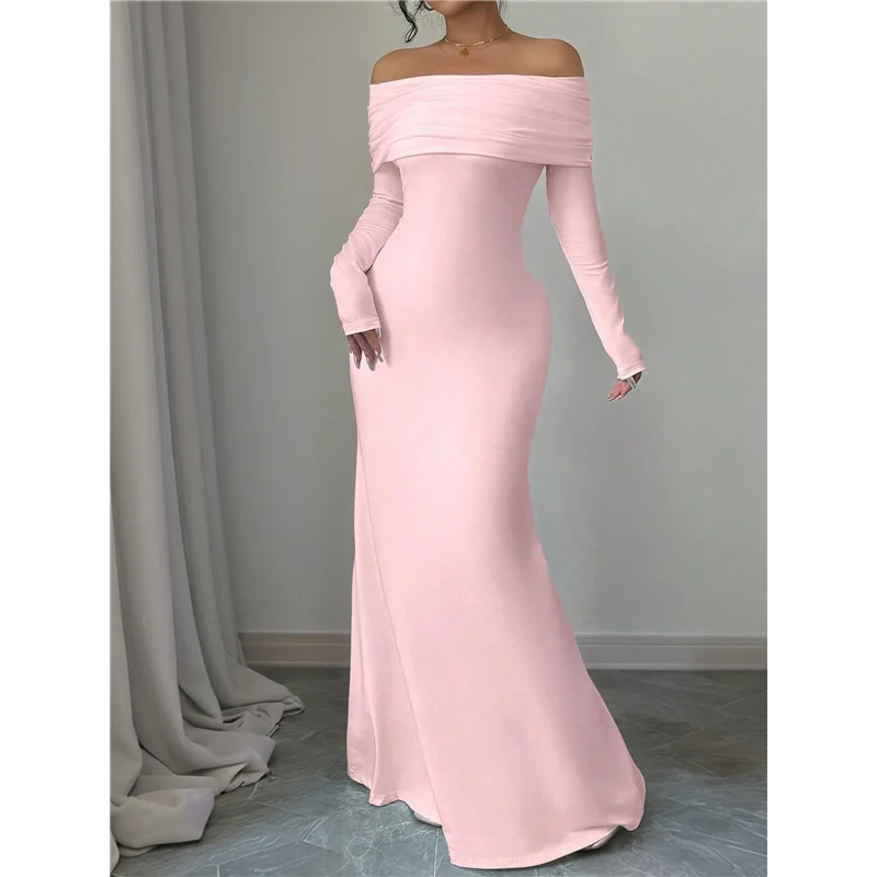 A83F - Damska sukienka maxi z długim rękawem, odkrywająca ramiona, dopasowana, elegancka, idealna na koktajl i studniówkę